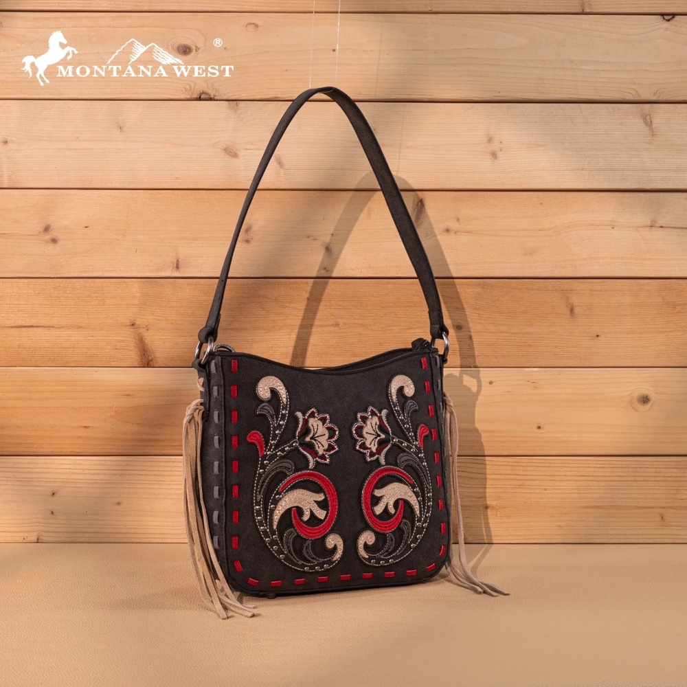 Montana West Black Embroidered Hobo Bag Western Cowgirl Handbag